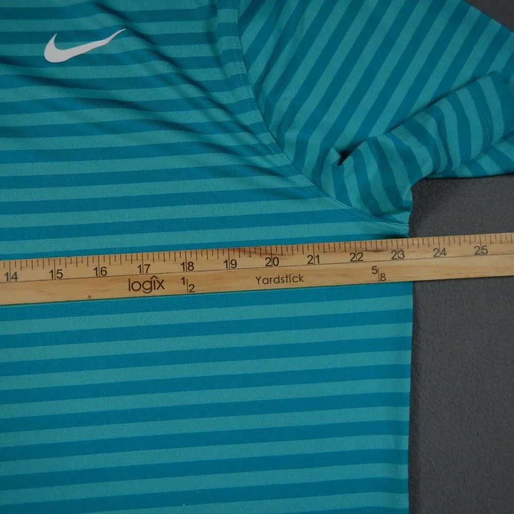 Nike Golf Polo Shirt Mens L Blue Green Striped Dri-Fit Short Sleeve Tour 18 Logo